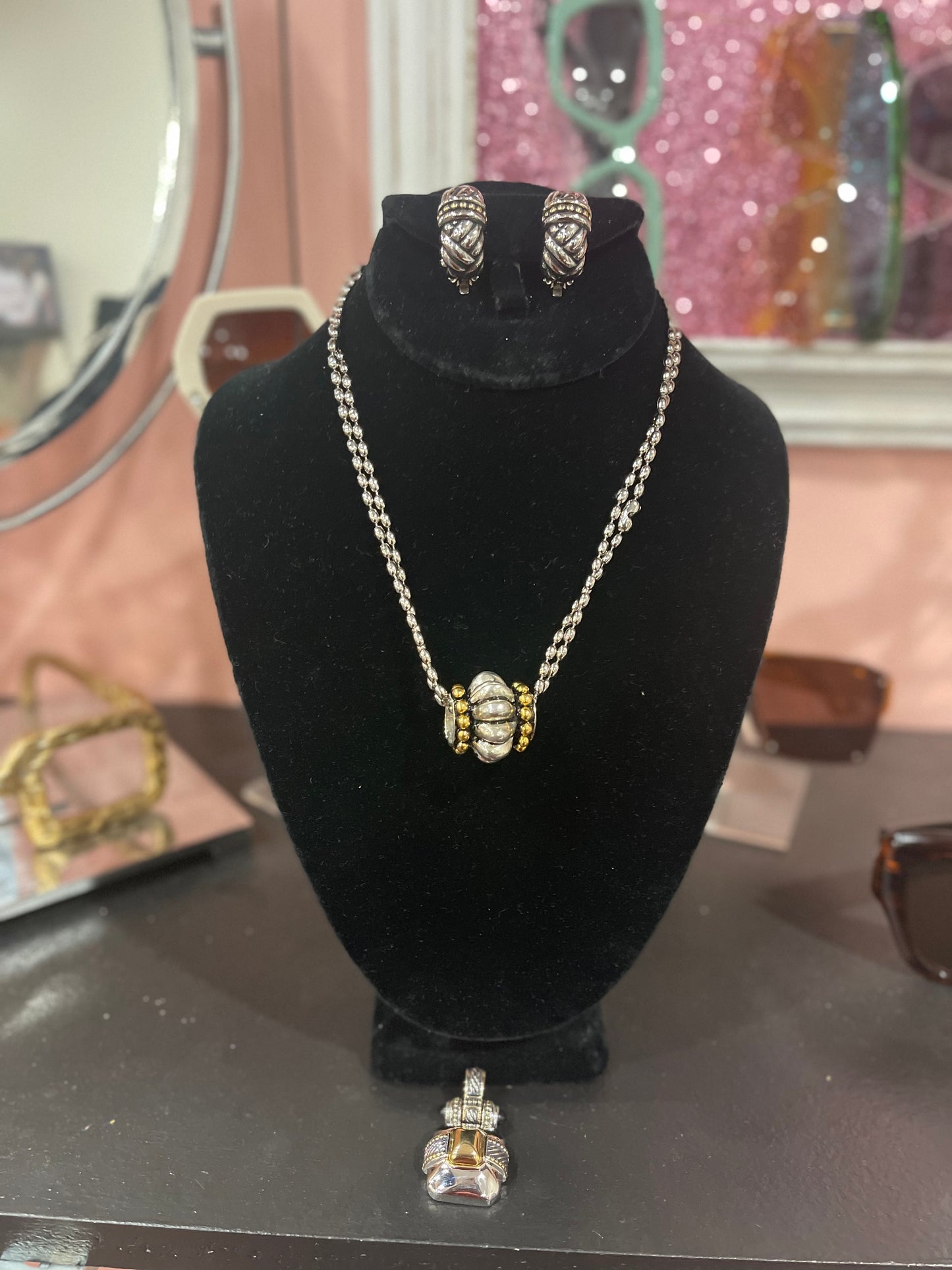 Silver Ball Chain w/ Two Pendants and Clip ons