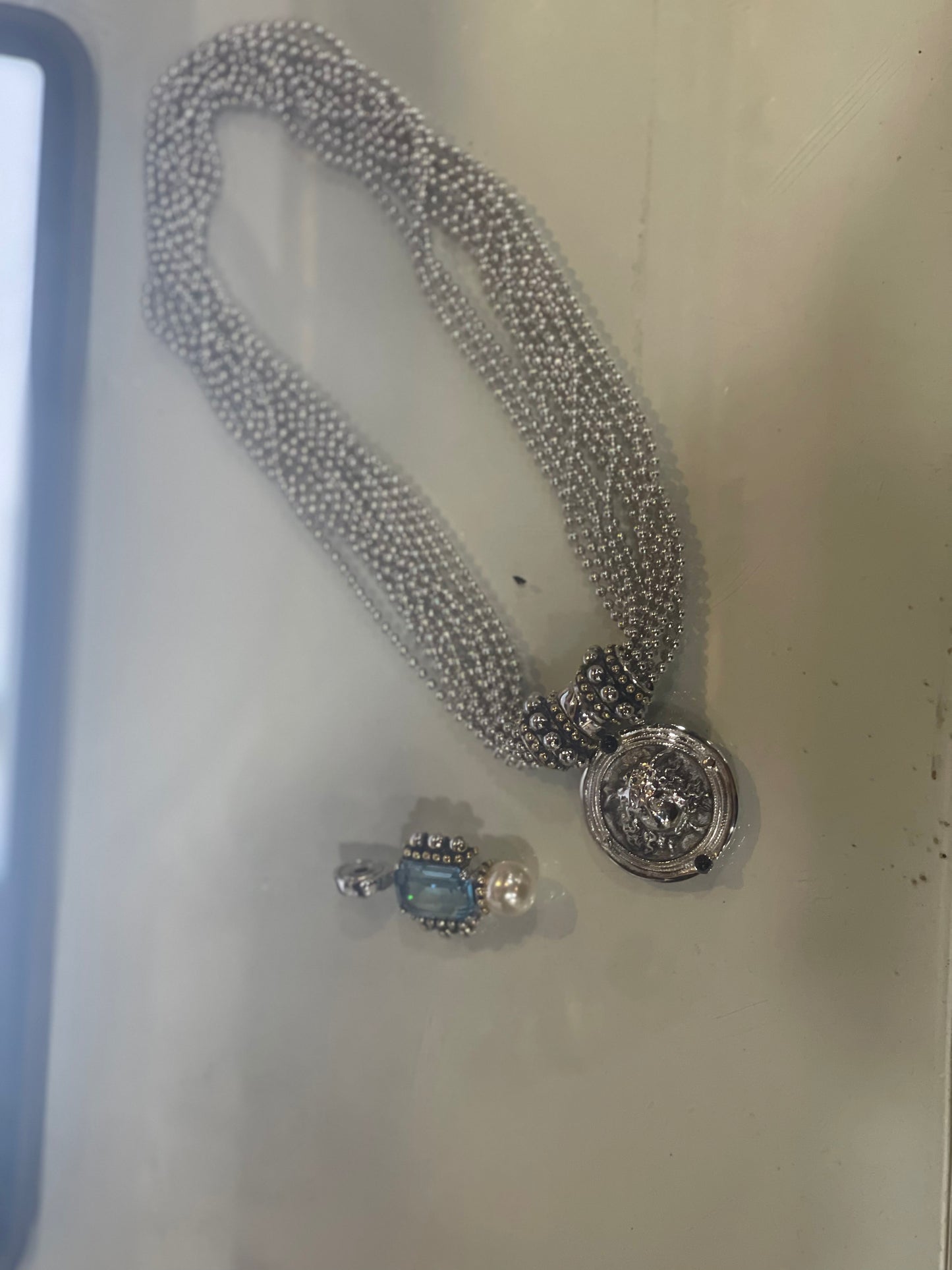 Silver Multi Strand Necklace w/ two interchangeable pendants