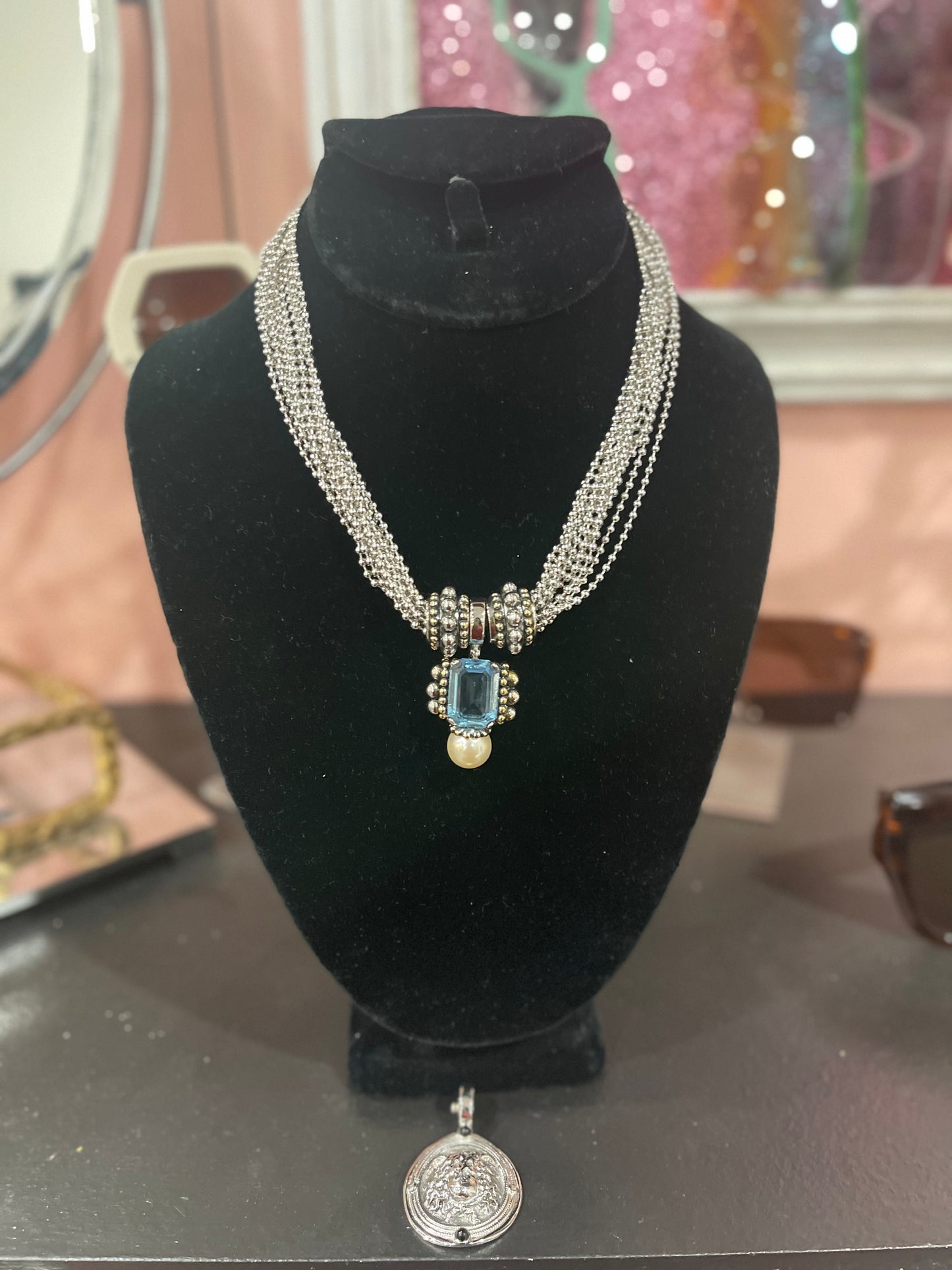 Silver Multi Strand Necklace w/ two interchangeable pendants
